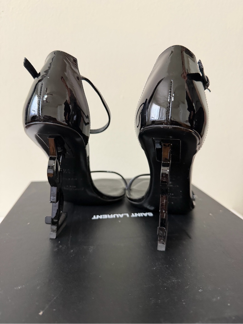 Saint Laurent Black Patent YSL Sculptural Heel Sandals - Picture 7 of 10